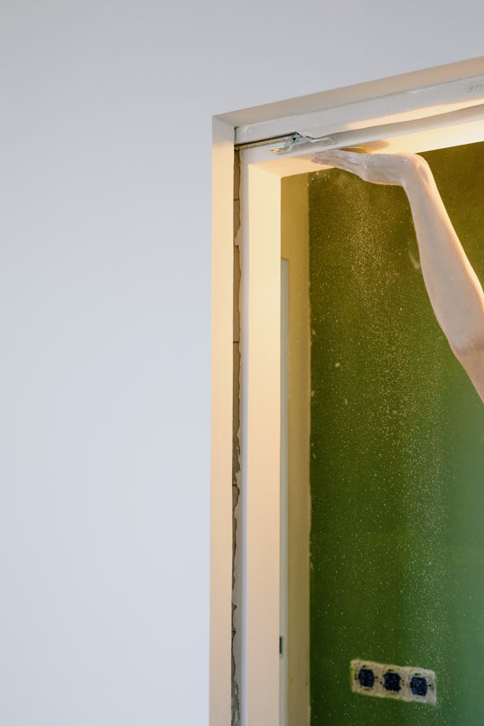 Crafting Captivating Headlines: Your awesome post title goes here Close-up of a hand smoothing plaster on a door frame in a room under renovation, indoor setting.